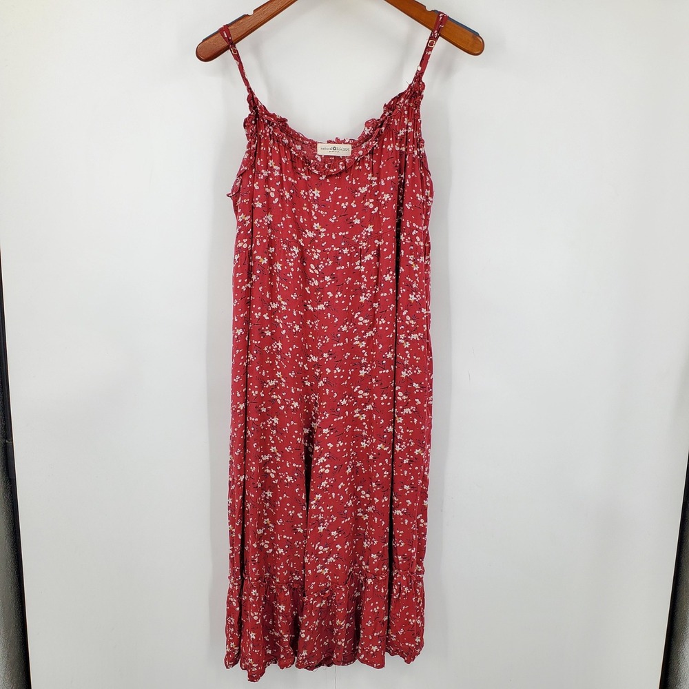 Natural Life Red Floral Wide Leg Jumpsuit Ruffle Hem XS/S Boho Cottagecore Fairy